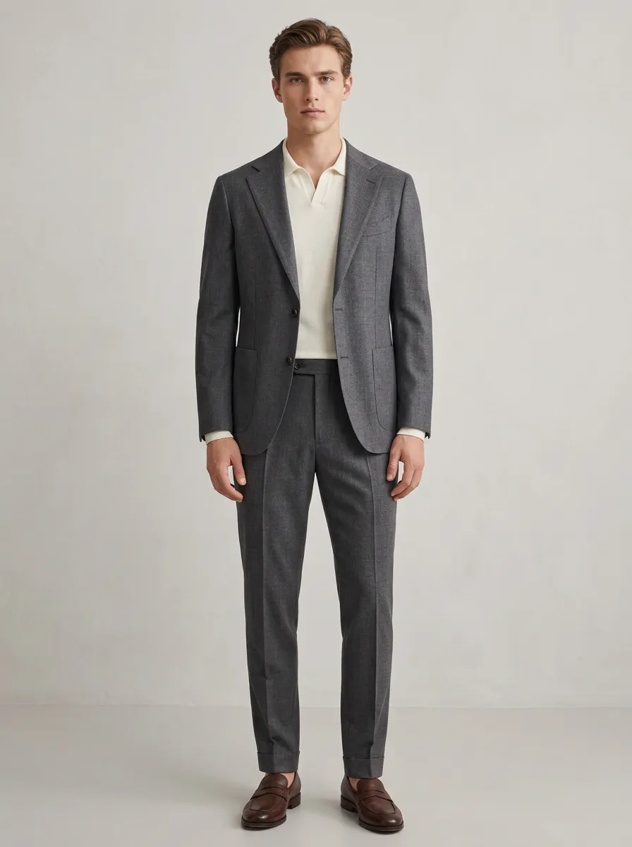 Men's Notched Lapel Business Casual Grey Wool Blend Tailored Suit Set