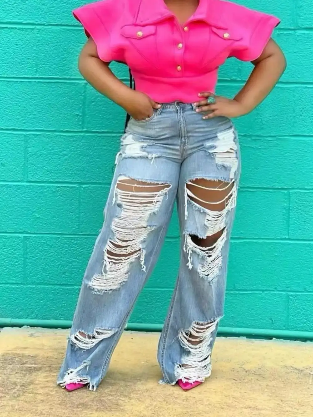 Wide Leg Distressed Denim Jeans