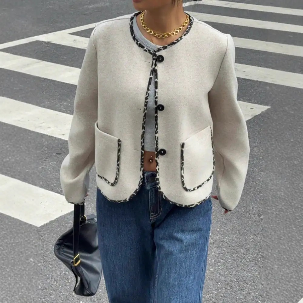 Leopard-Print Wool-Blend Casual Outerwear Jacket