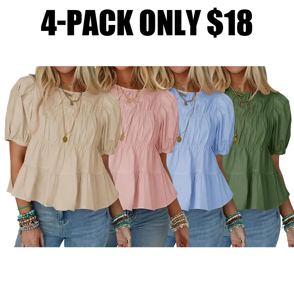 Womens Puff Sleeve Peplum Babydoll Tops