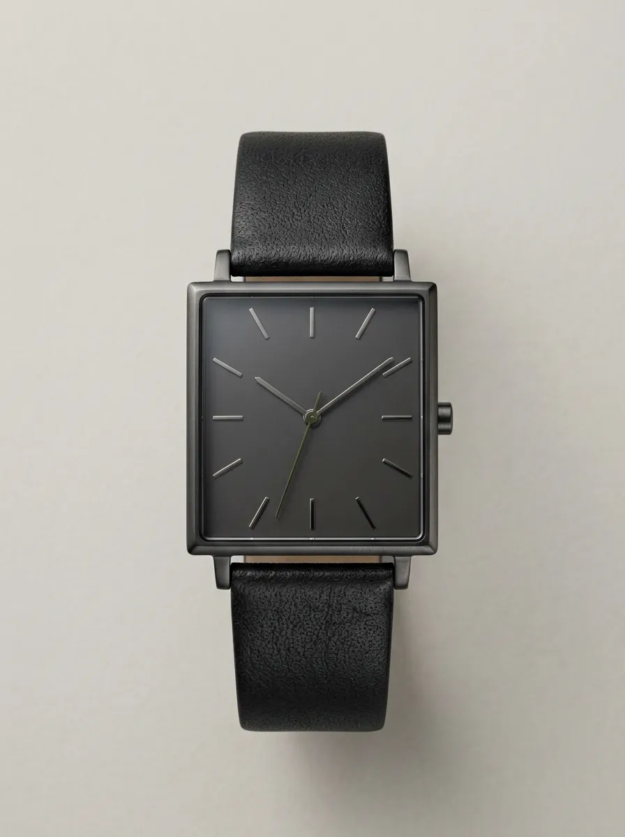 Matte Black Square Dial Watch With Leather Strap