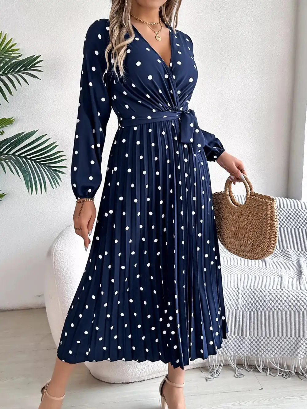 Polka Dot Pleated Midi Dress