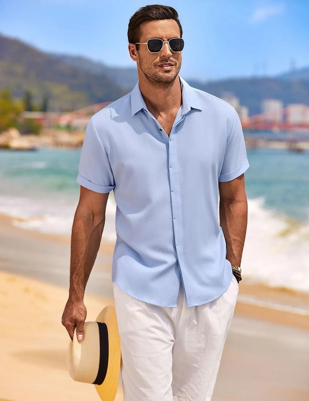 Men's Linen Shirts Short Sleeve Casual Shirts Button Down Shirt for Men Beach Summer Wedding Shirt