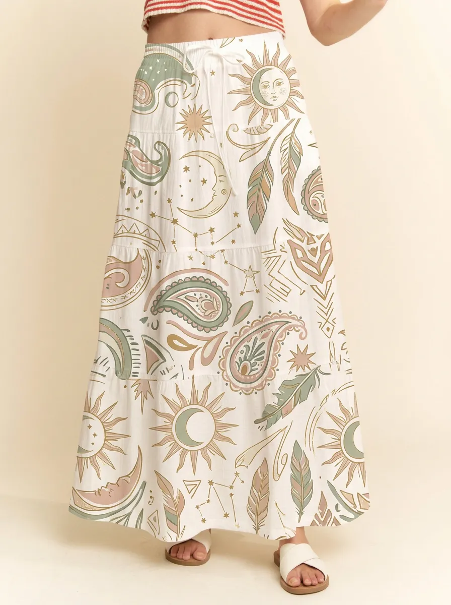 Women's Boho Celestial Sun Moon Paisley Printed Maxi Skirt