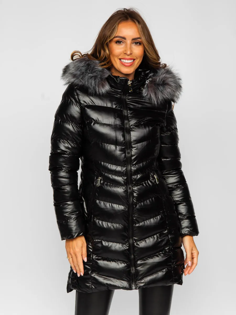 black women's long quilted winter jacket with hood