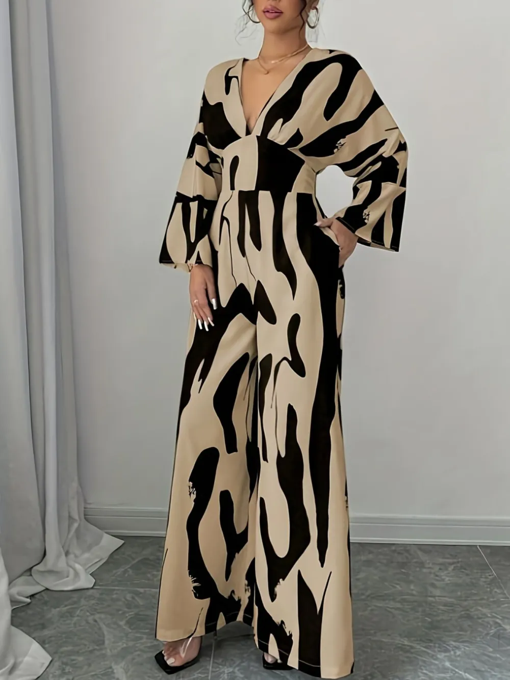 Abstract Print V Neck Wide Leg Jumpsuit