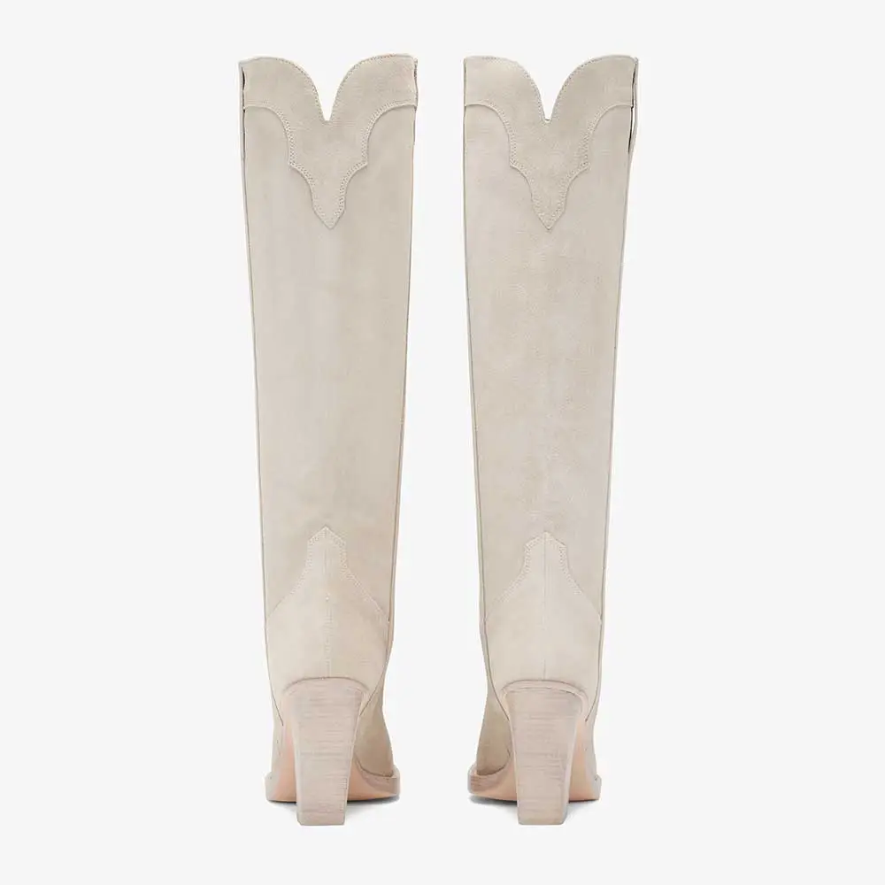 Faux-Suede Pull-On Pointed-Toe Chunky-Heel Knee-Length Western Boots