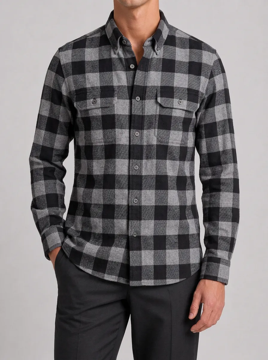 Men's Casual Grey Black Buffalo Plaid Patterned Long Sleeve Shirt