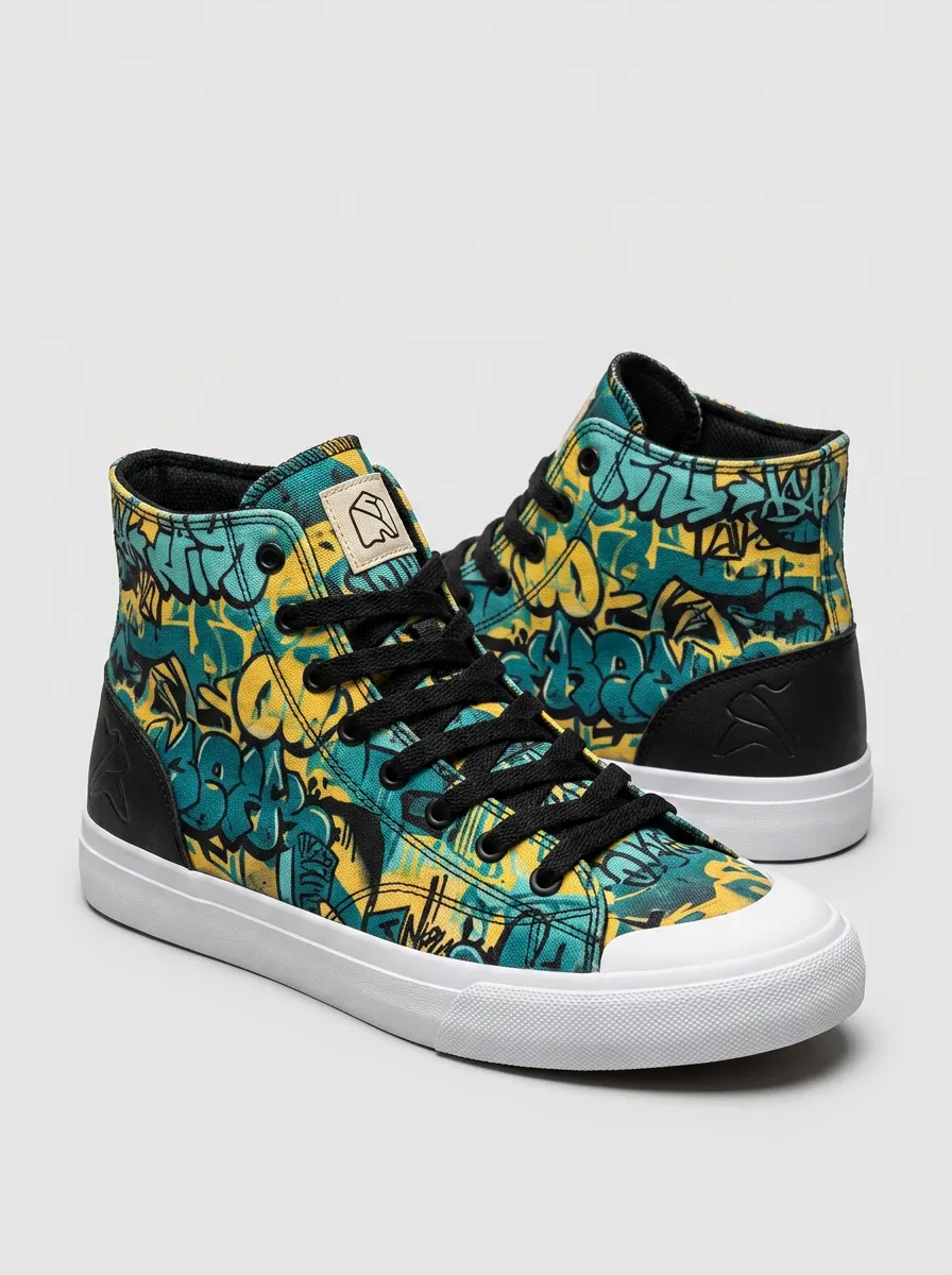 Men's Streetwear Graffiti Art Teal Yellow Printed Canvas Shoes