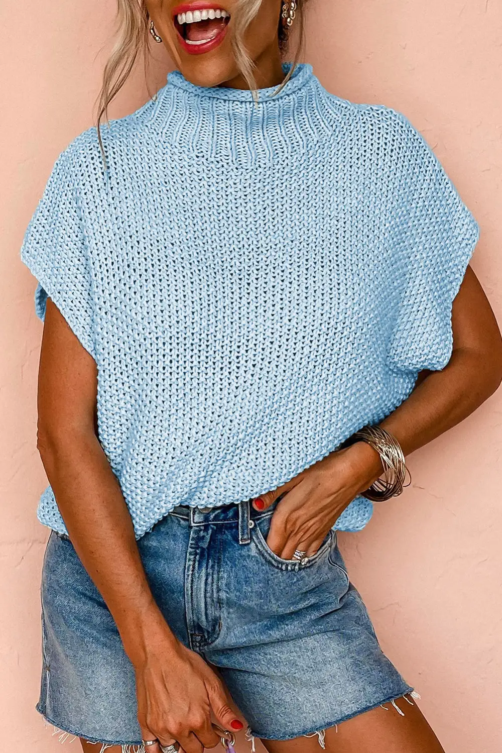 High Neck Bat Short-Sleeve Sweater Vest