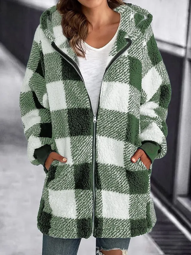Women's Fleece Jacket Fleece Basic Pocket Zip Up Black Light Green Red Plaid Street Casual Hoodie Long Sleeve Top Micro-elastic Fall & Winter
