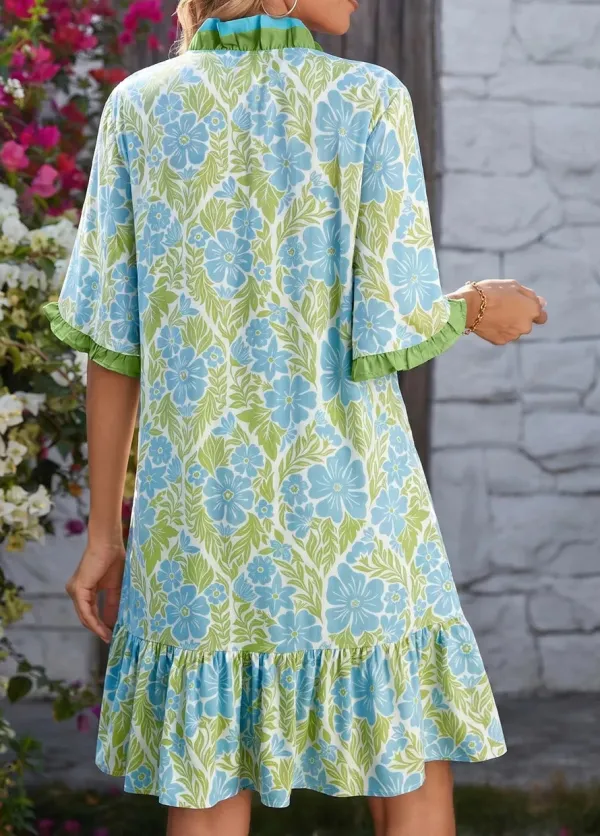 Print Ruffle Hem Button-up Mini Dress