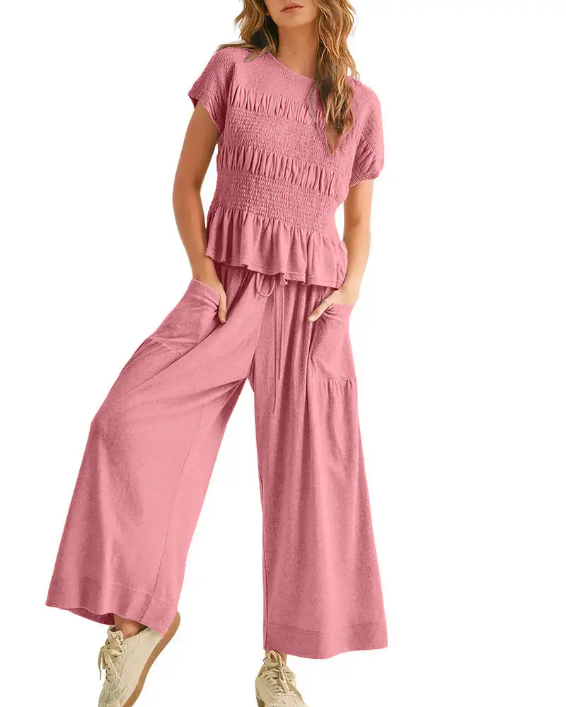 Smocked Peplum Top and Wide Leg Pants Two-Piece Set