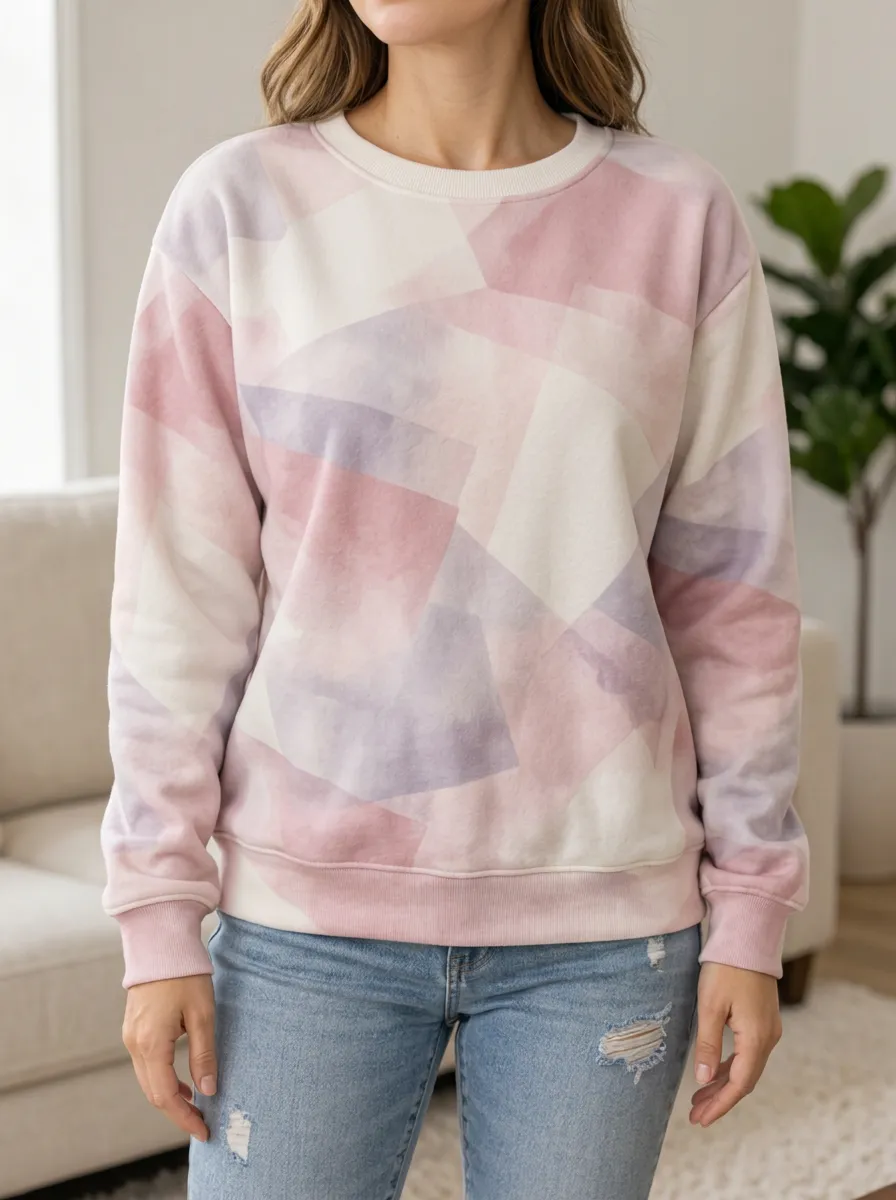 Women's Multicolor Geometric Print Crewneck Sweatshirt Drop Shoulder Ribbed Trim