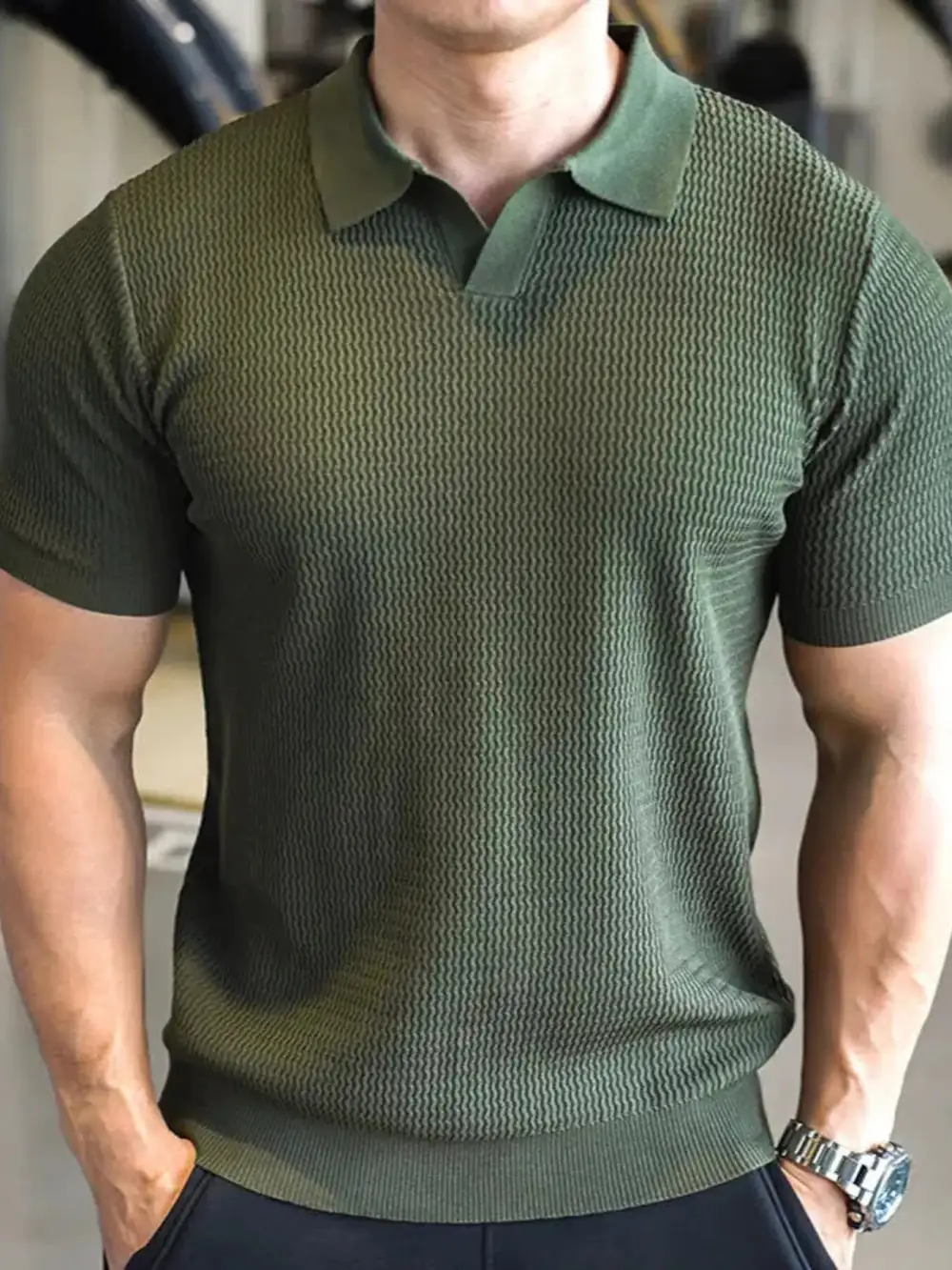 Textured Ribbed Knit Polo Shirt
