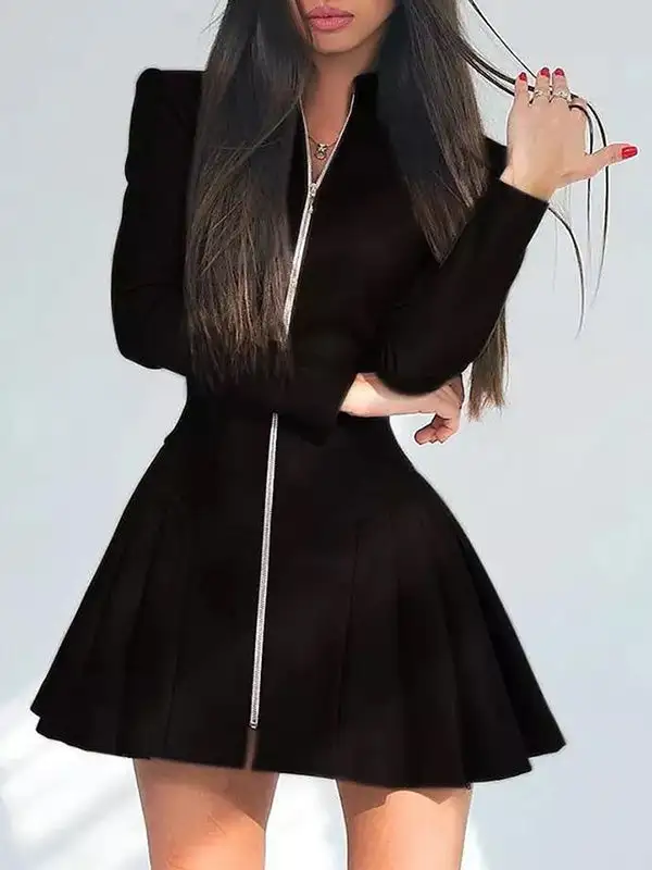 Long Sleeve Skinny Pleated Split Joint Zipper Stand Collar Mini Dress