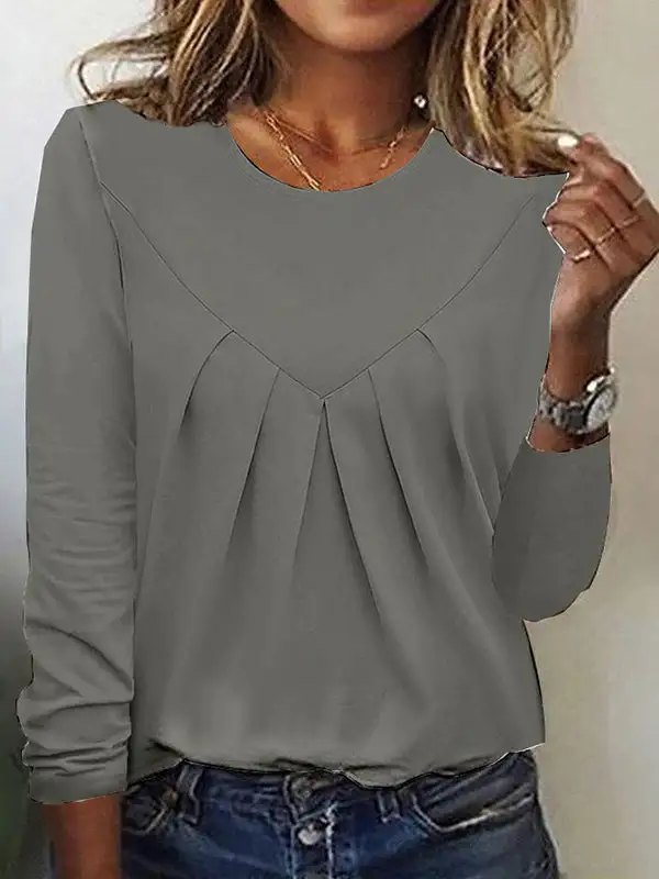 Long Sleeve Relaxed Pleat Detail Panel Detail Round Neck T-Shirt