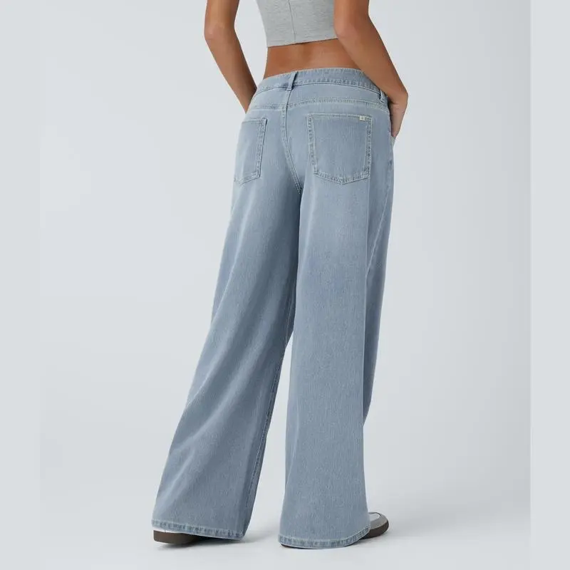 Asymmetric Low Rise Zipper Pockets Baggy Wide Leg Washed Casual Jeans