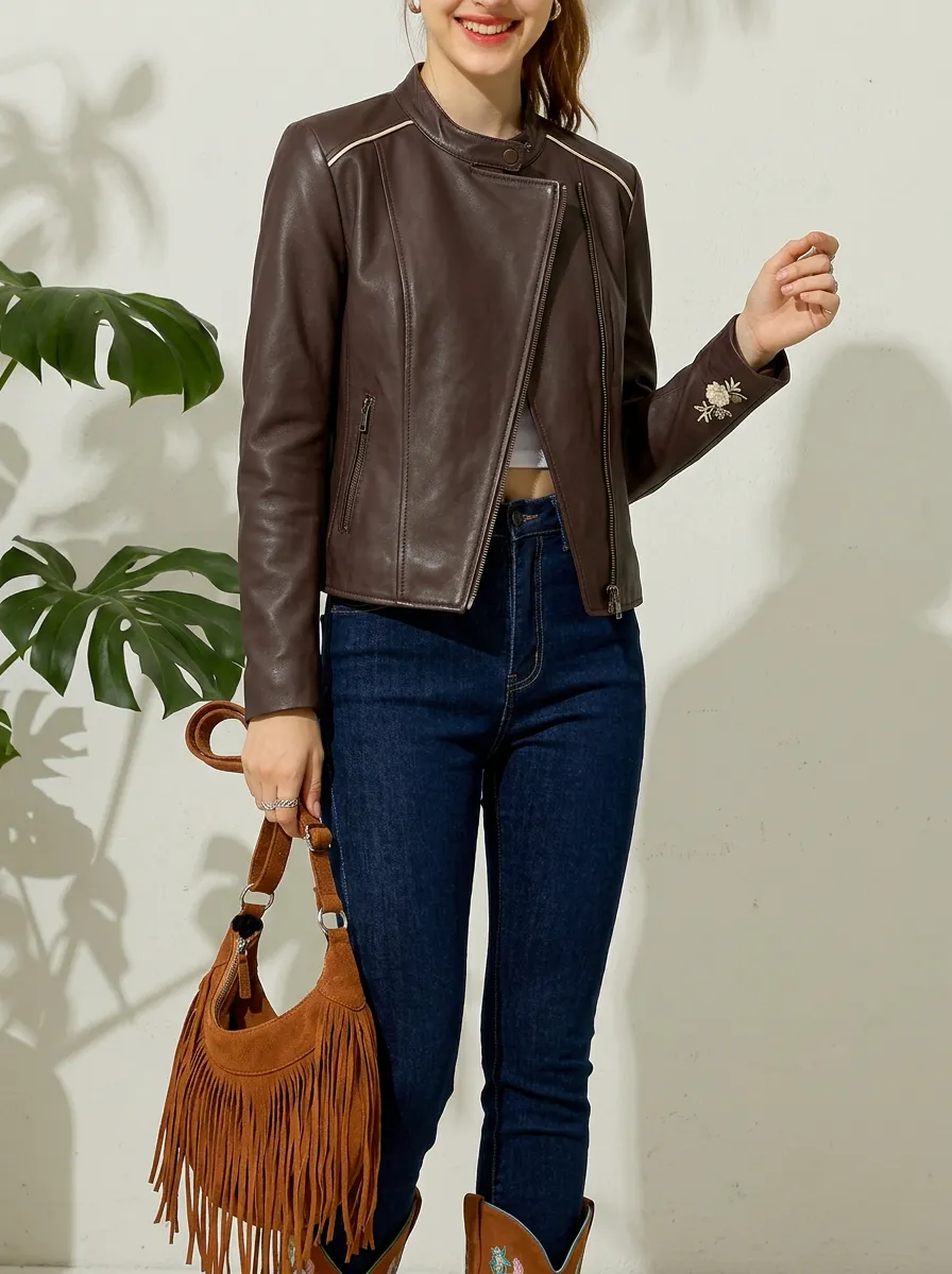 Women's Floral Embroidery Brown Faux Leather Jacket