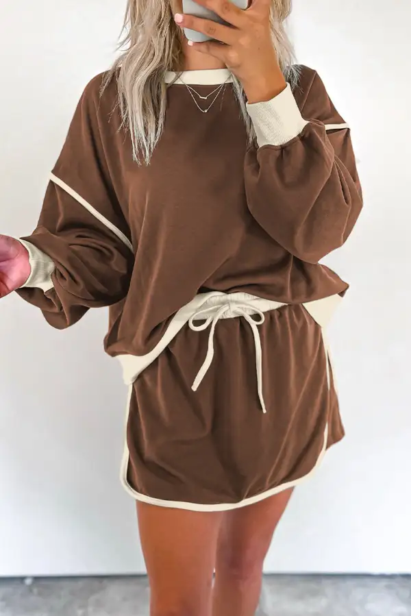 Contrast Loose Pullover and Lace Up Waist Skort Set