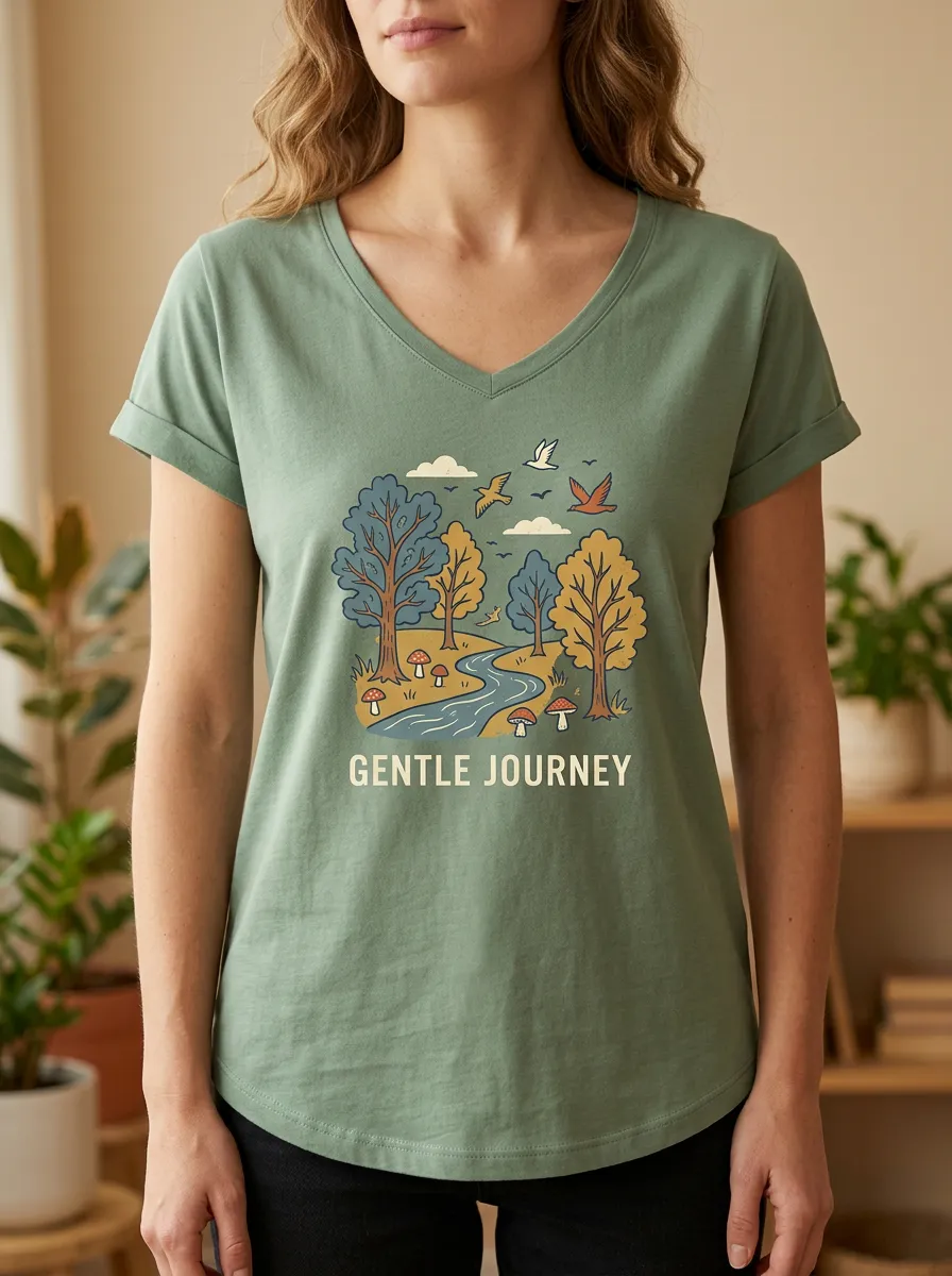 Women's Nature Forest River Mushroom Print V-Neckline Design T-Shirt