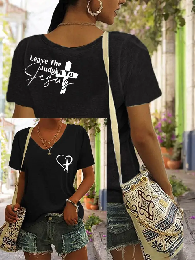 Women's Faith Cross Leave The Judgin To Jesus V-Neck T-Shirt