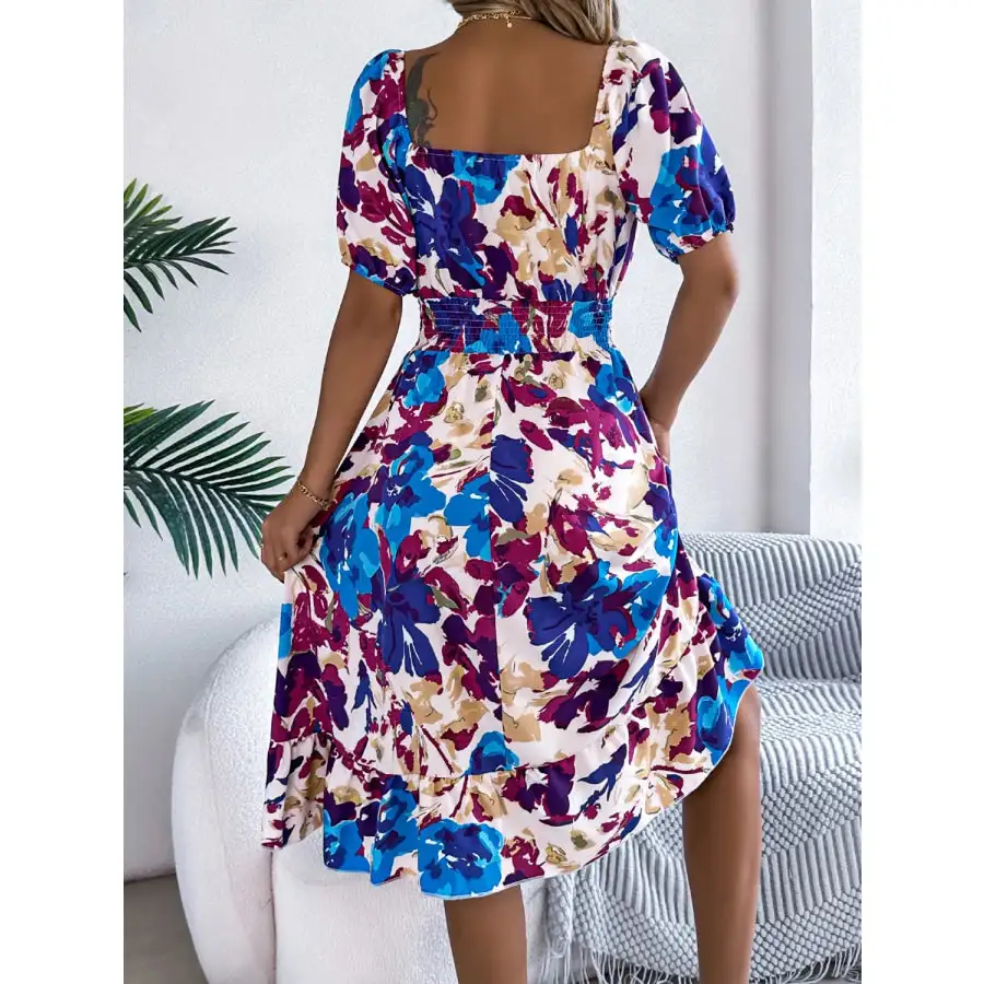 Ruffled Hem Smocked Short Sleeve Midi Dress