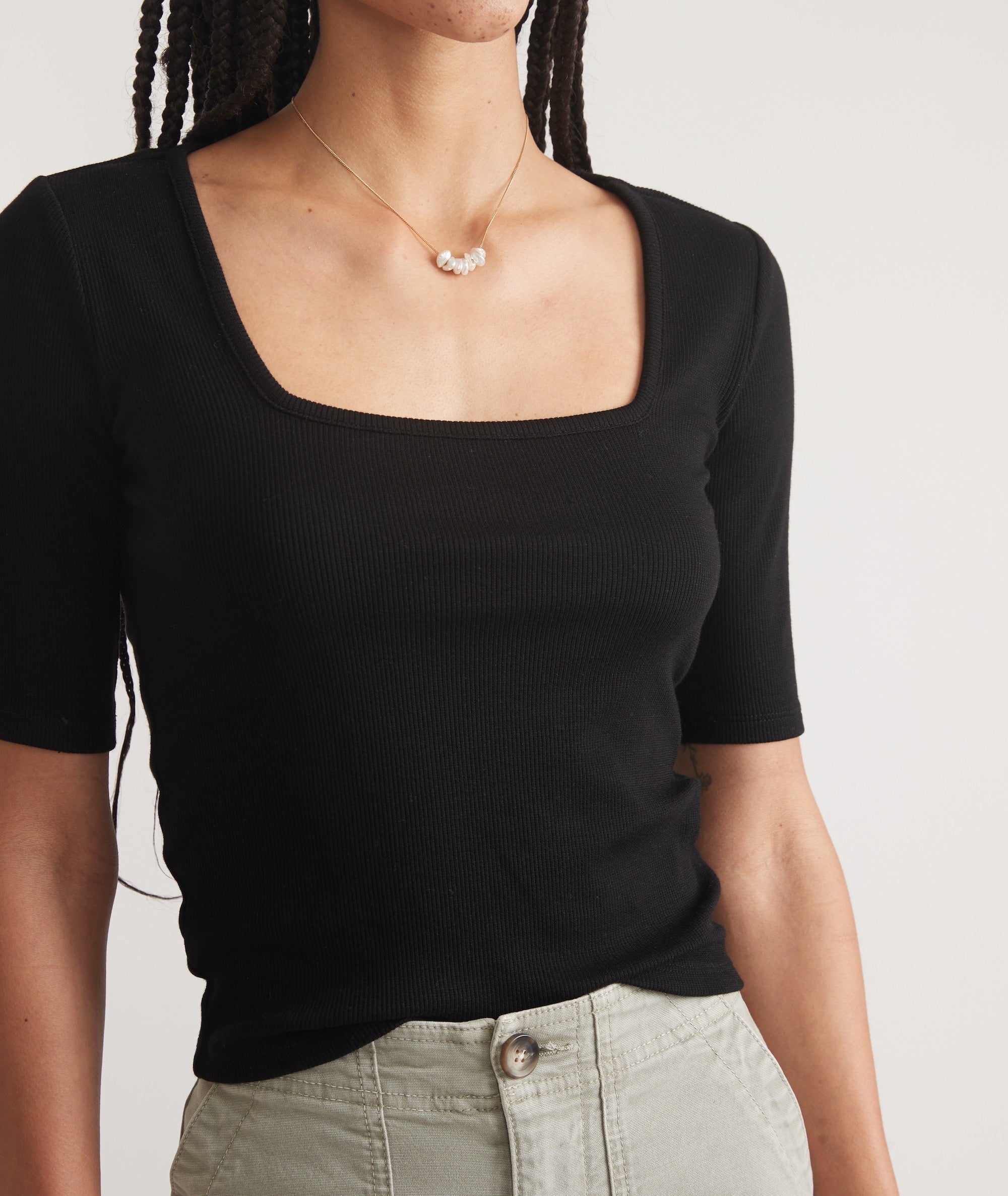 Ribbed Square Neck Fitted Shirt