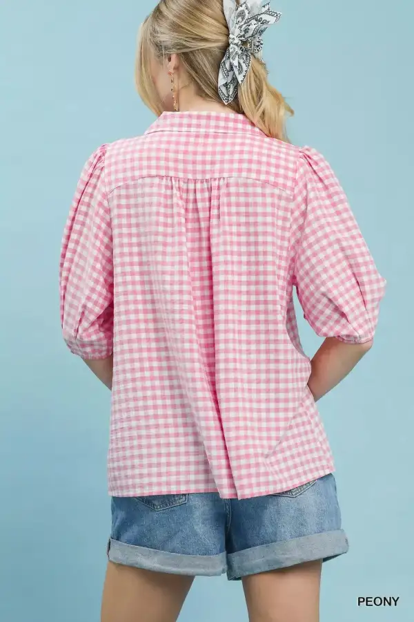 Puff Sleeve Collared Gingham Blouse