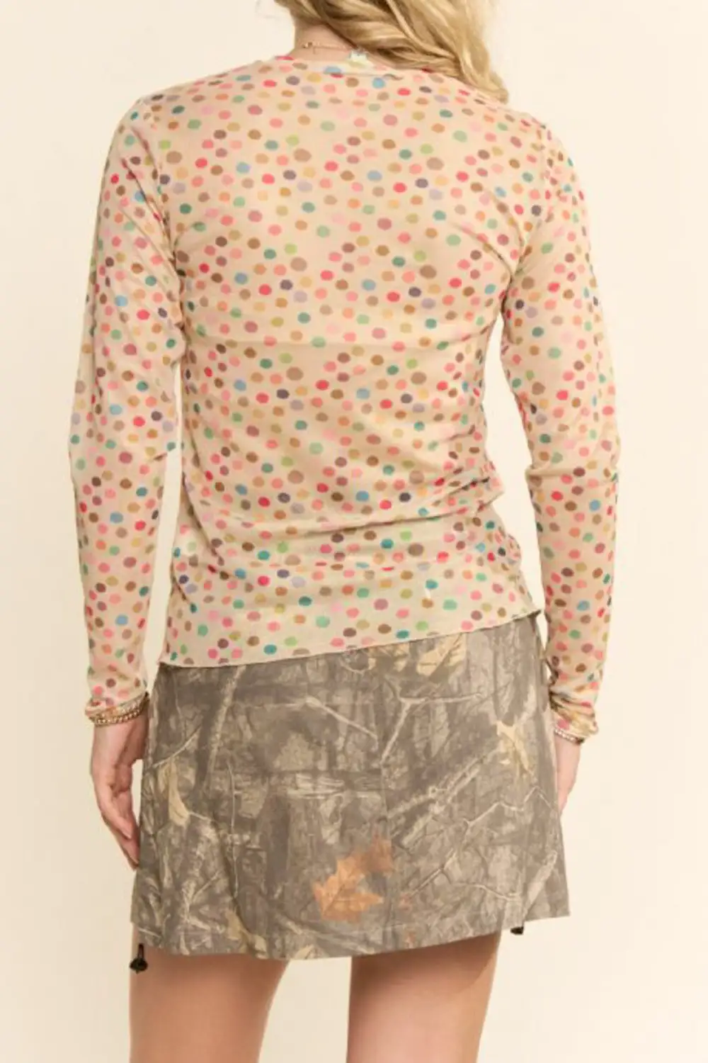 Polka Dot Mesh Relaxed Fitted Long Sleeve Top