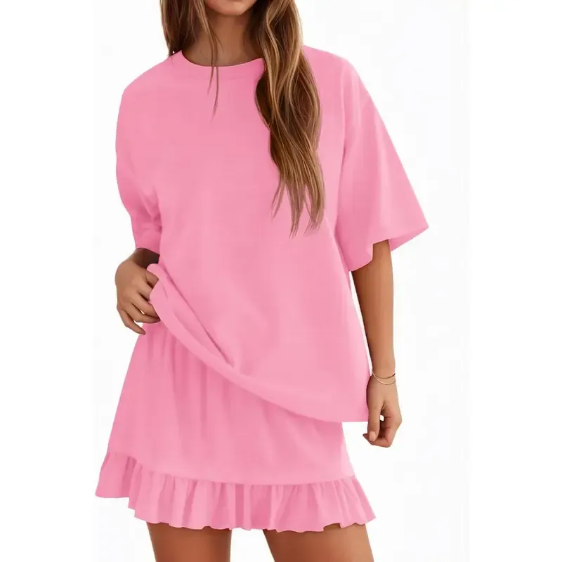 Women's Oversized Ruffle Hem Short Sleeve Set