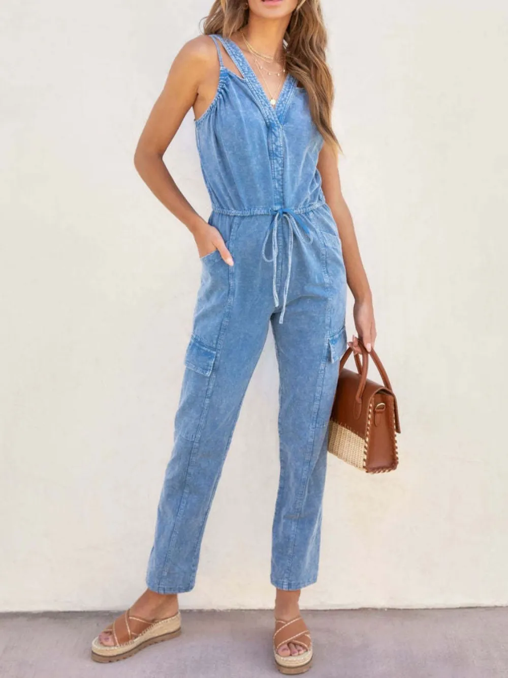 V Neck Sleeveless Jumpsuit Denim Pants