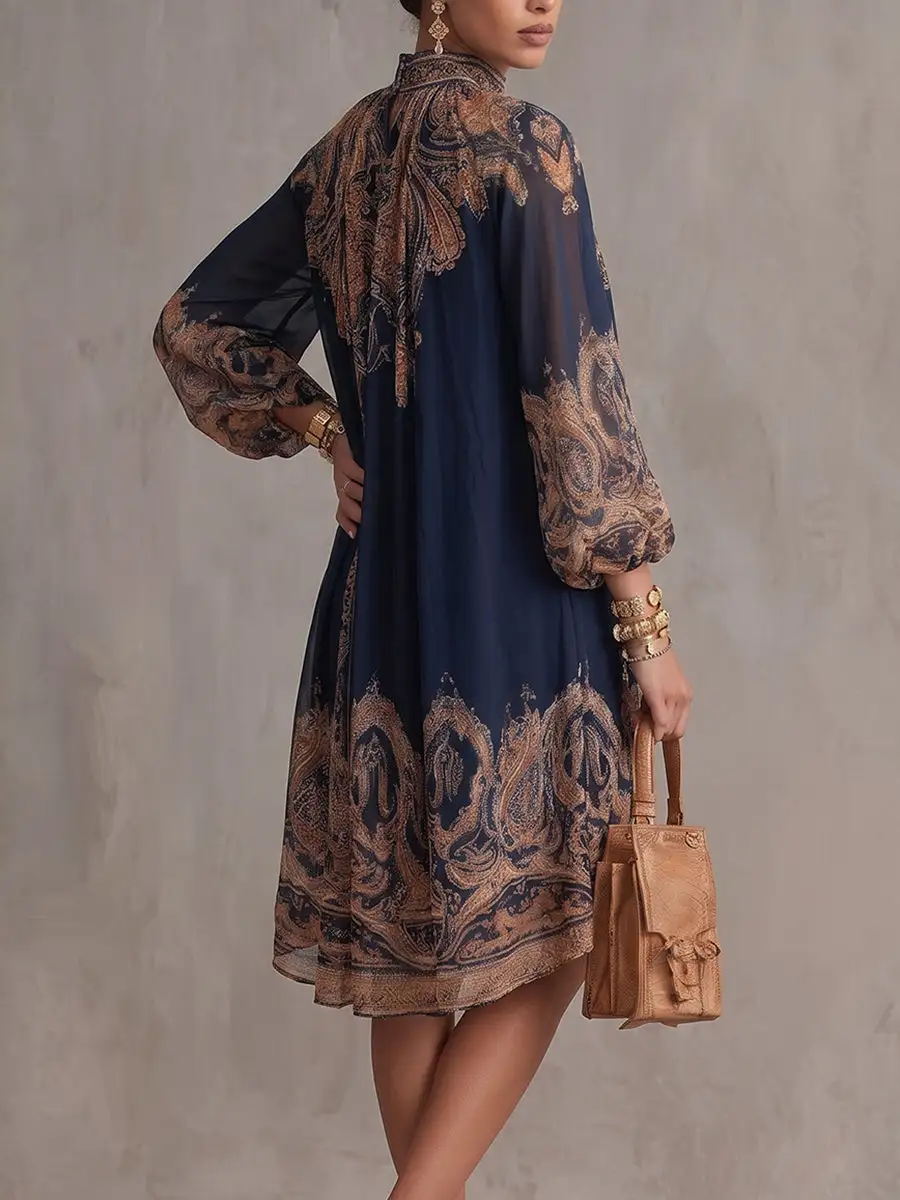 High Low Long Sleeve Pleated Printed Mock Neck Mini Dress