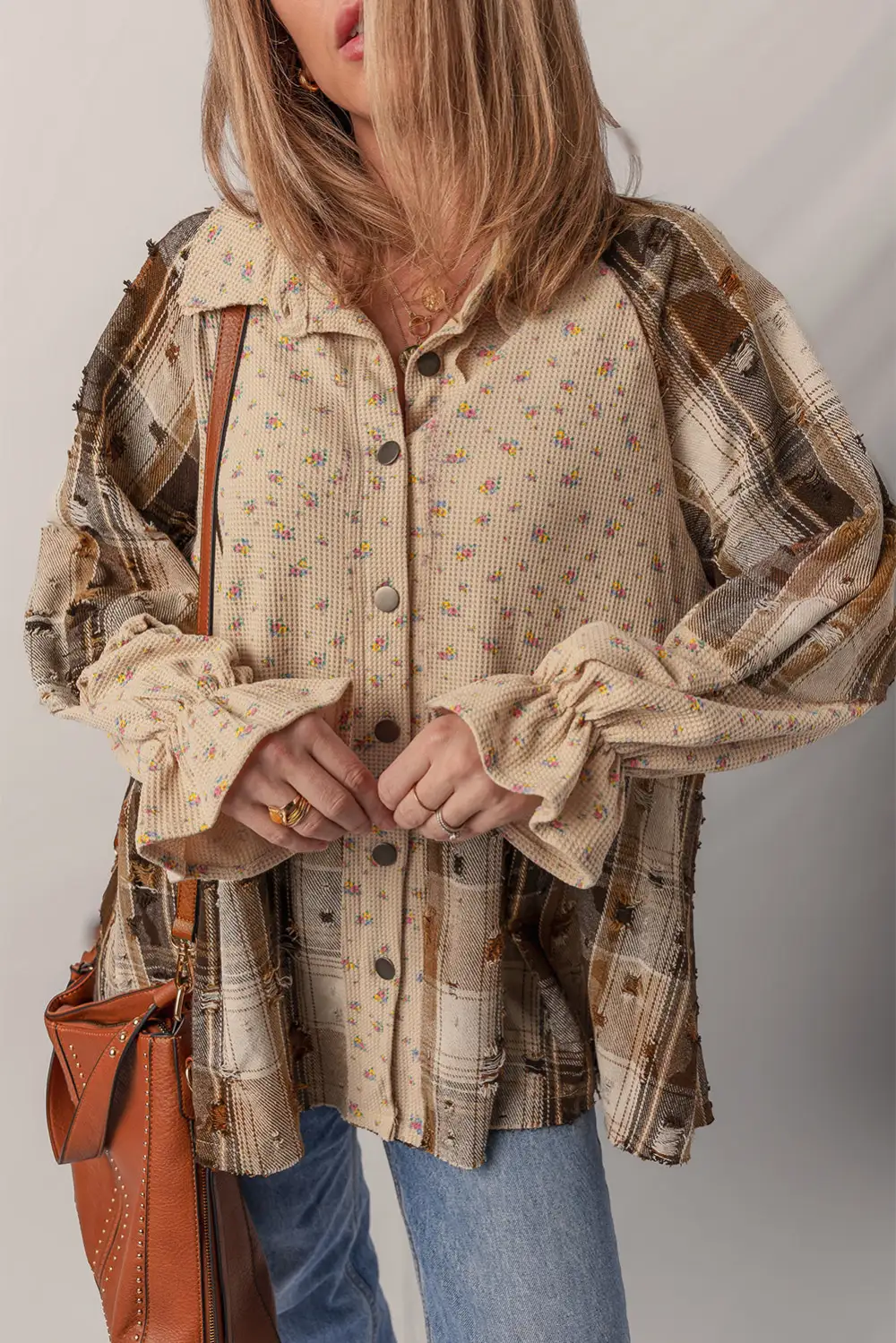 Oatmeal Boho Floral Plaid Patchwork Distressed Detail Ruffled Waffle Knit Shirt Jacket