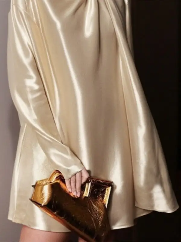 Long Sleeve Relaxed Shiny Solid Color High Neck Mini Dress