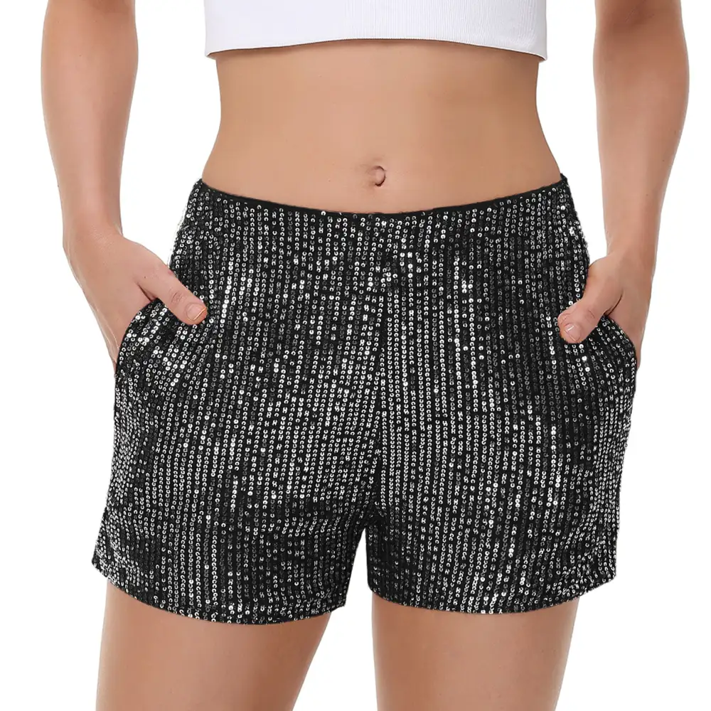 High-Waist Elastic-Waist Pocketed Straight Sequin Shorts