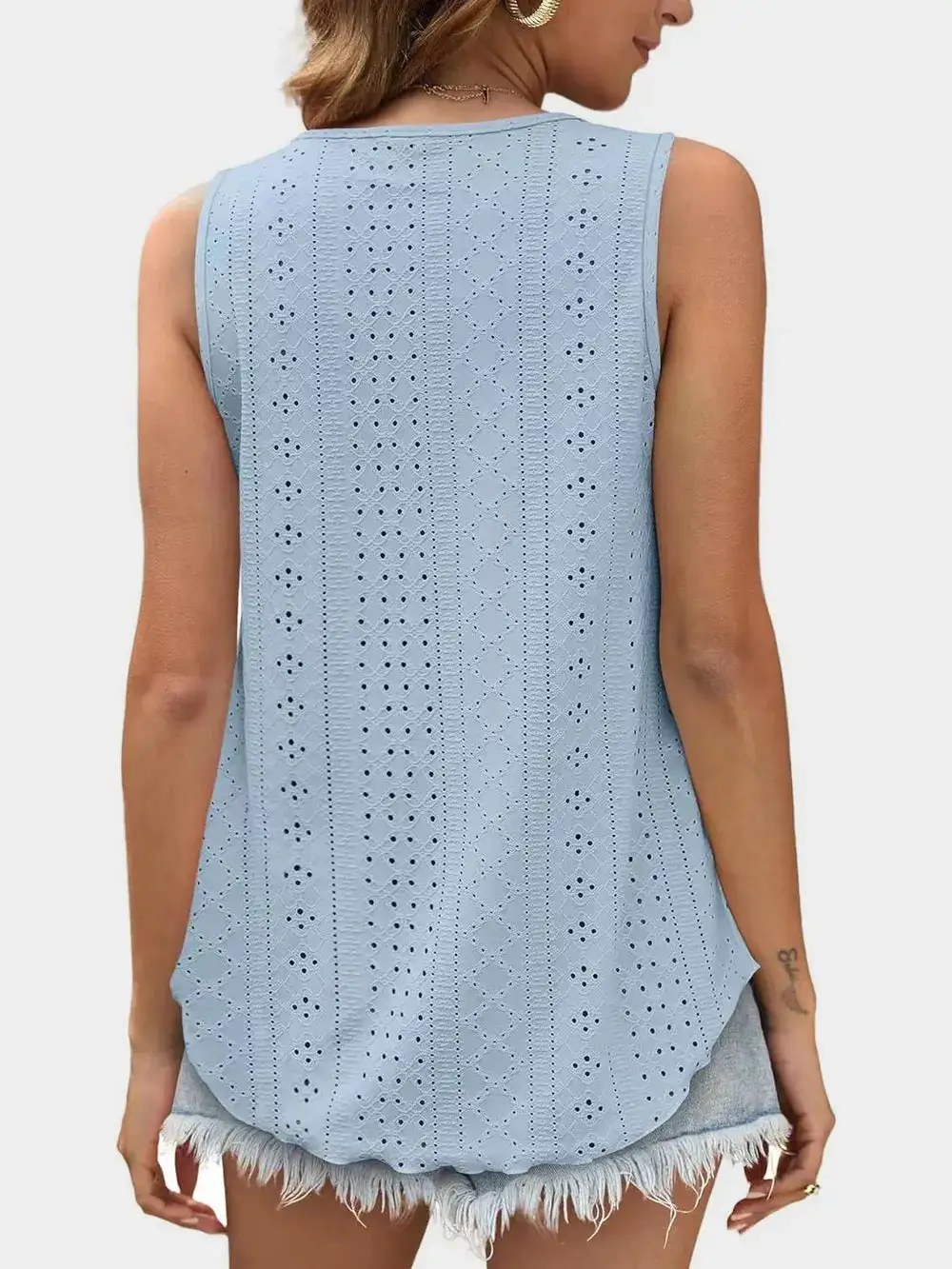 Eyelet Round Neck Tank With Sheer Detail
