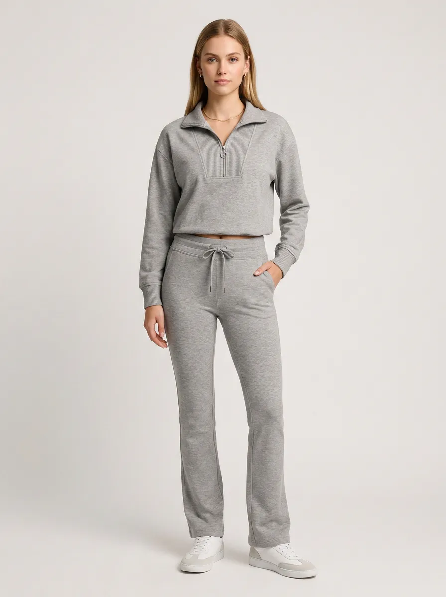 Women's Casual Grey Quarter-Zip Pullover and Jogger Lounge Set