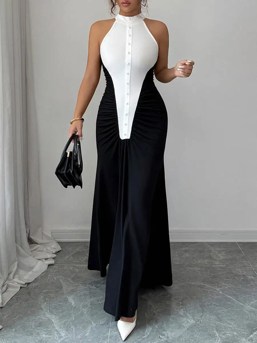 High Pleated Buttoned Sleeveless Neck Maxi Dress