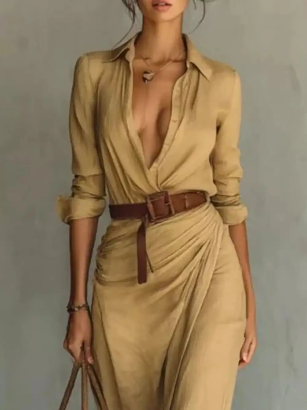 Gathered Detail Ruched Long Sleeve Maxi Dress