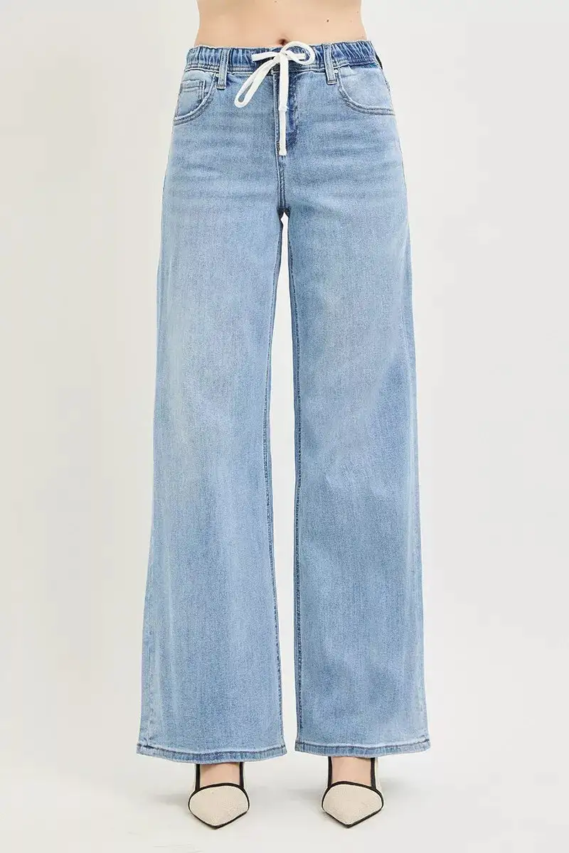 Drawstring Elastic Waist Wide Leg Jeans