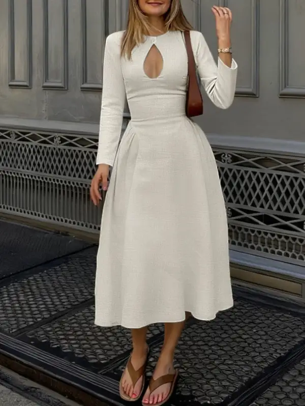 Polished Detail Long Sleeve Midi Dress