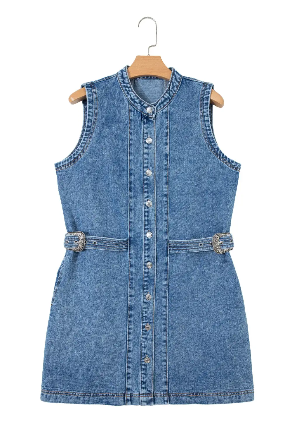 Polished Detail Denim Button Front Sleeveless Dress