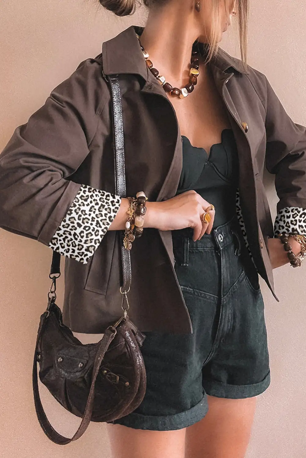 Collared Button Leopard Liner Patchwork Chic Jacket