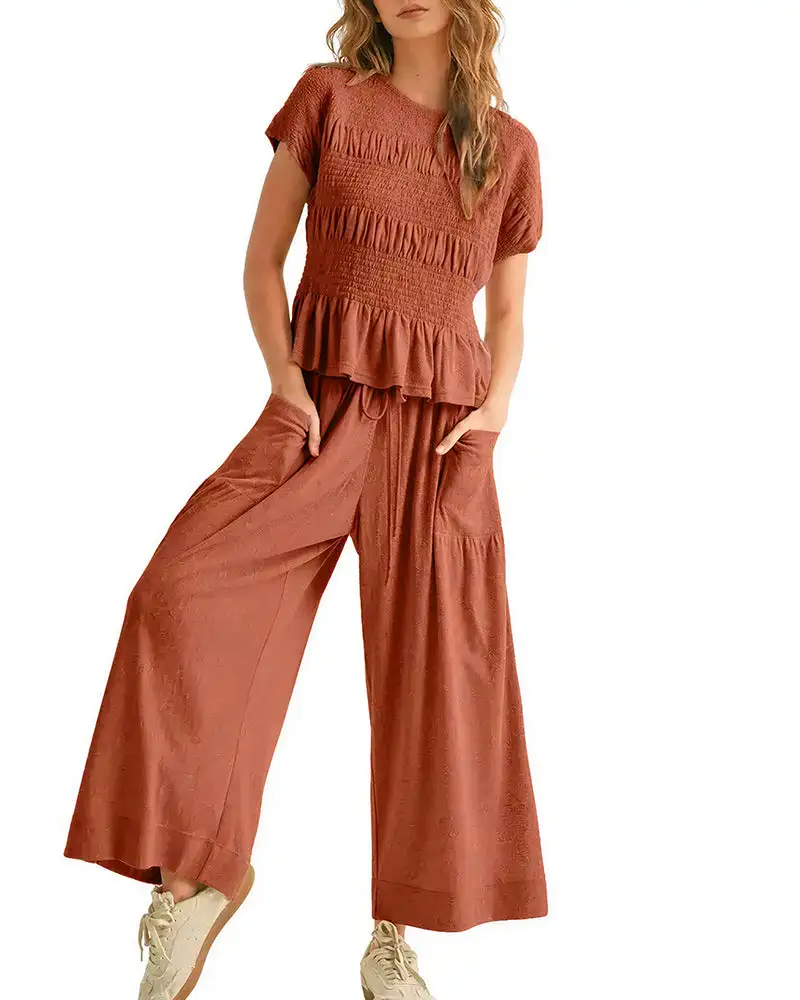 Smocked Peplum Top and Wide Leg Pants Two-Piece Set