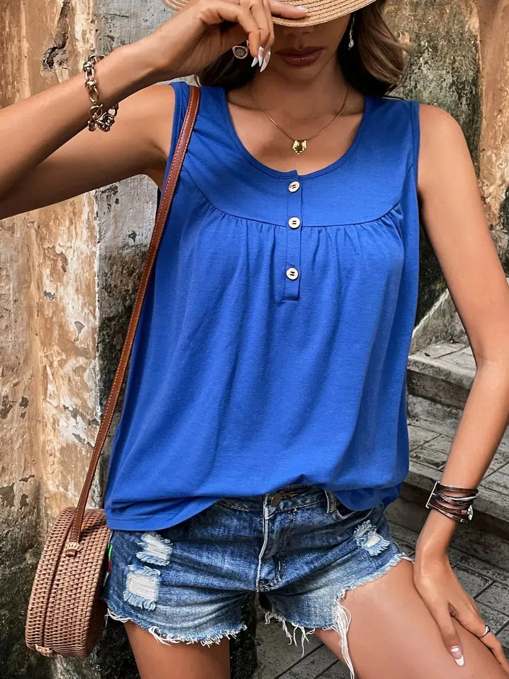 Button Front Round Neck Tank Top