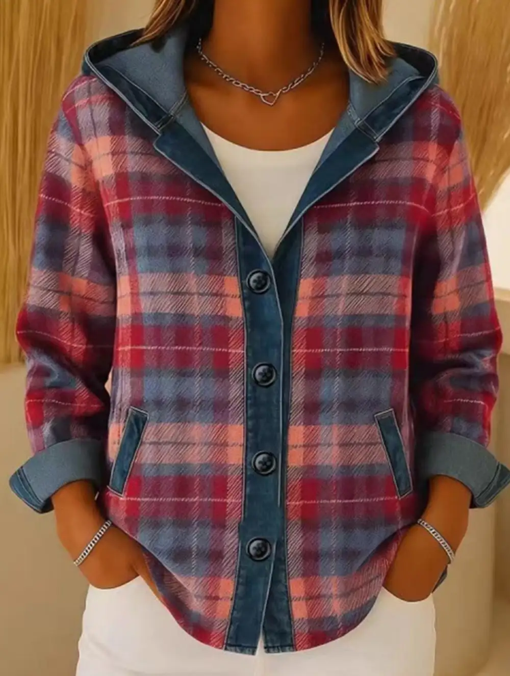 Loose Plaid Hooded Cardigan Sweatshirt