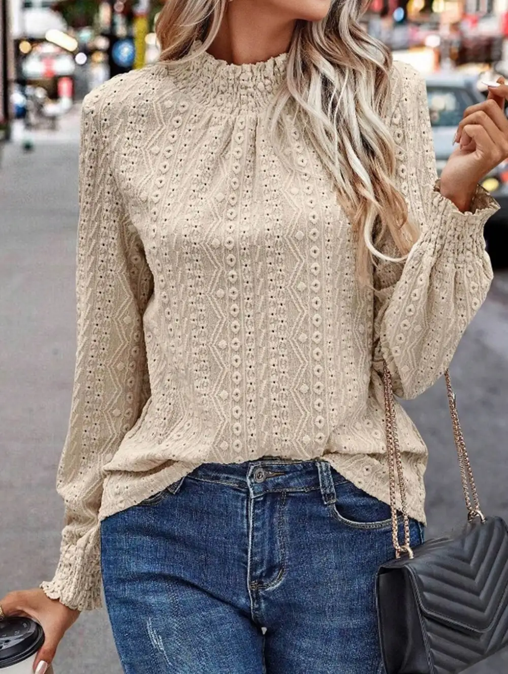 Jacquard Crew Neck Long Sleeve Tee