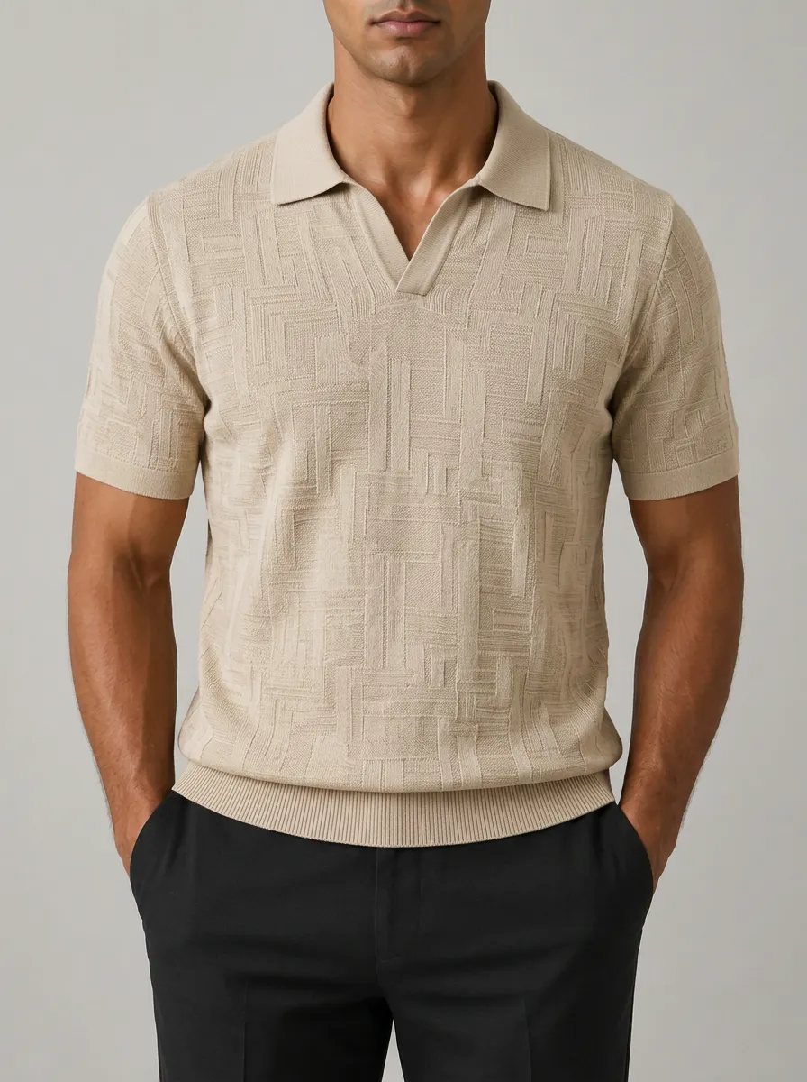 Men's Geometric Textured Knit Polo Shirt