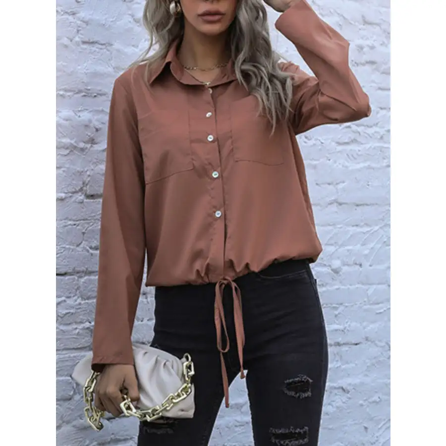 Perfee Tied Hem Button Down Long Sleeve Shirt
